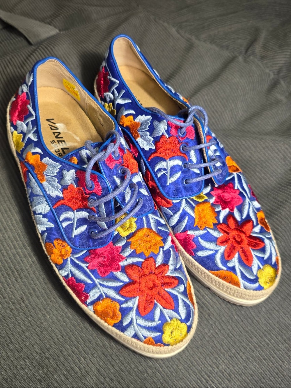 Vaneli Blue Embroidered Floral Lace-Up Flats with Multicolor Flowers